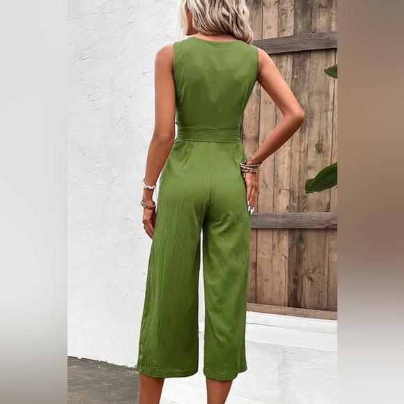 Summer Quench Button Front V Neck Tie Waist Jumpsuit - Picture 7 of 7